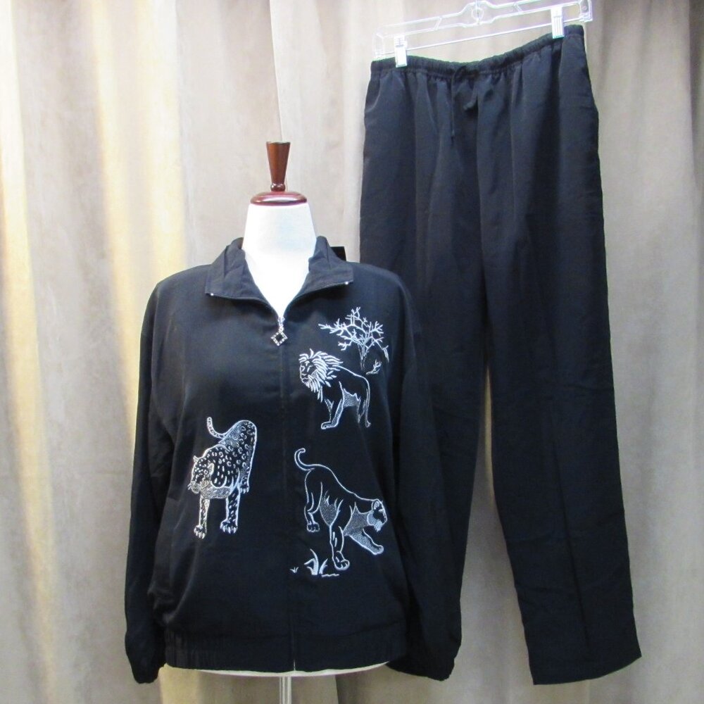 NWT Vintage Mureli Black/Silver Embroidered Jungle Cats Track Suit Medium